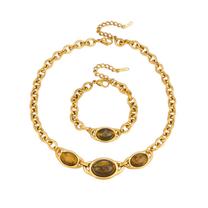 Ensemble Alicia Sekhara composé d'un collier et d'un bracelet à maillons dorés avec pierres œil-de-tigre ovales